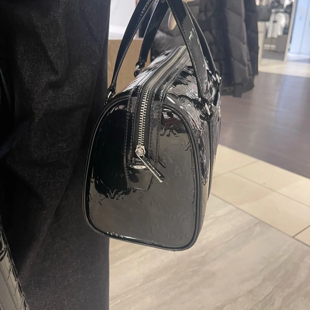 MICHAEL KORS Jet Set Md Patent Logo Debossed Duffle Crossbody Bag Duffel Silver